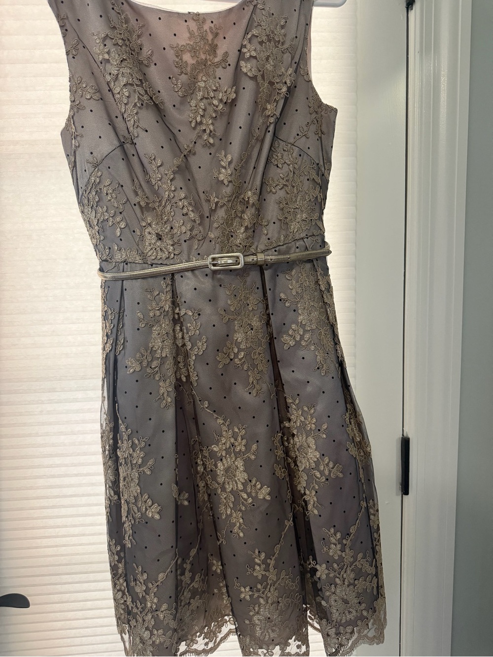 Eliza J Embroidered Floral Fit-and-Flare Dress in Taupe